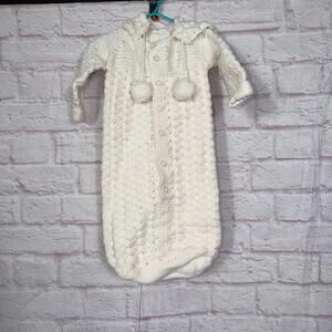 Handmade White Crochet Baby Bunting with Hood and Pom Poms 0-6 Months